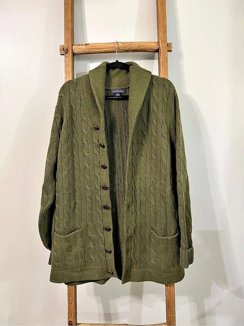 Lands' End Cashmere Cable Knit Cardigan Green XL Like New